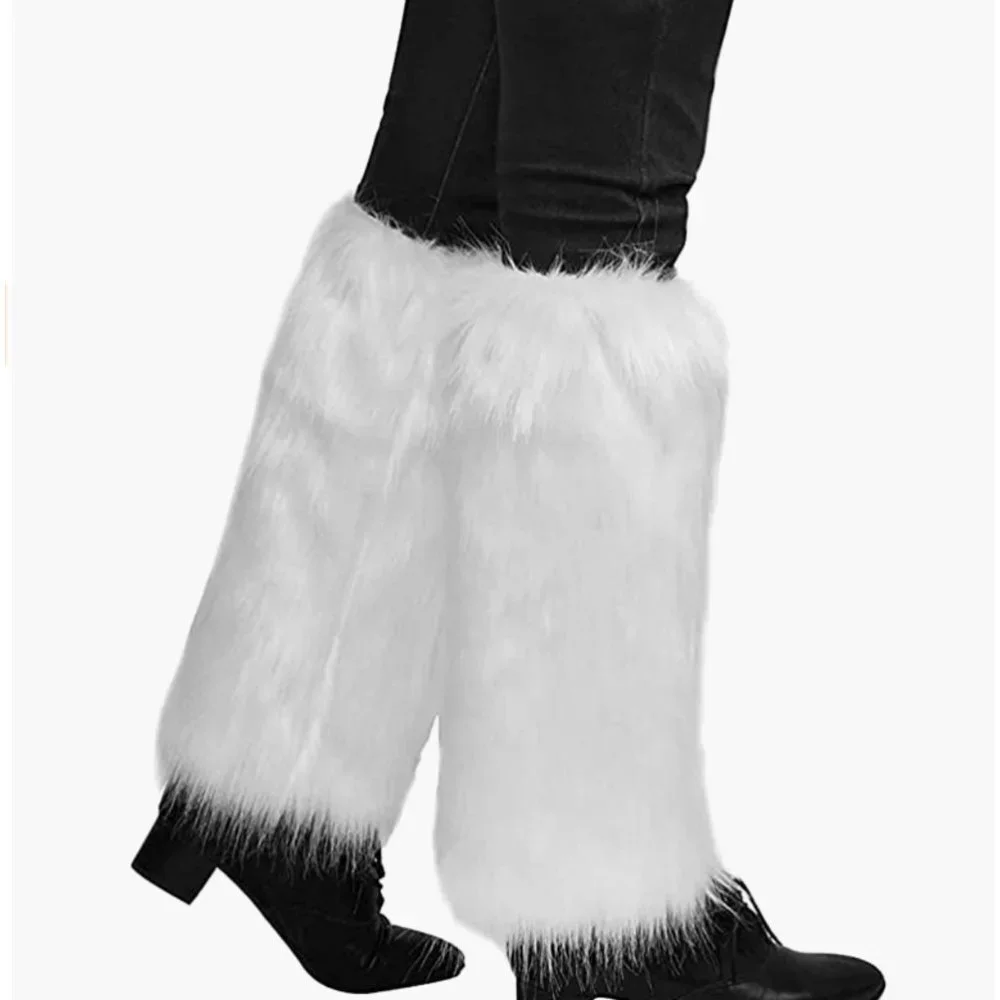 Tall White Fuzzy Faux Fur Long Cuff Ankle Boot Covers‎ Leg Warmer Socks
